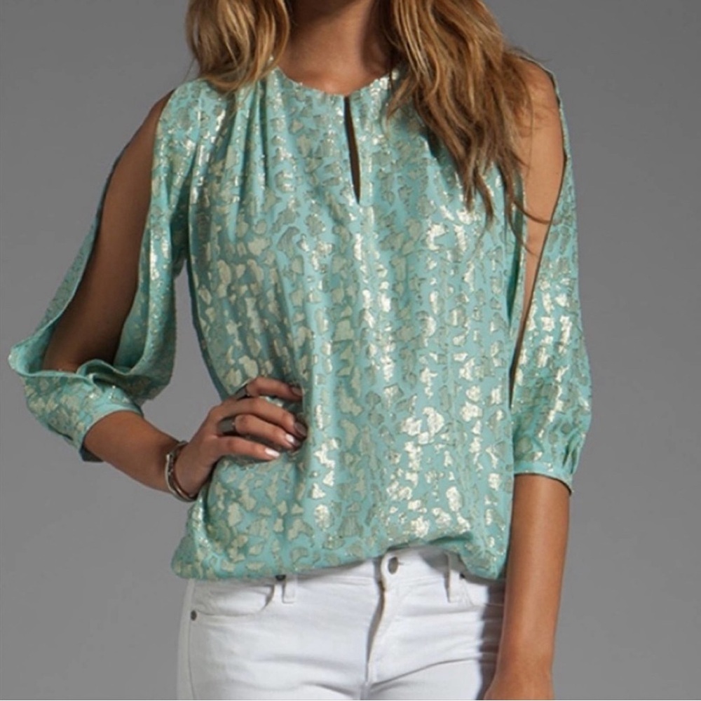 Diane von Furstenberg Astor Metallic Silk Print Cold Shoulder Top